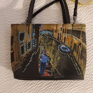 Bueno Brand Stylish Black & Gold Venice Print Handbag